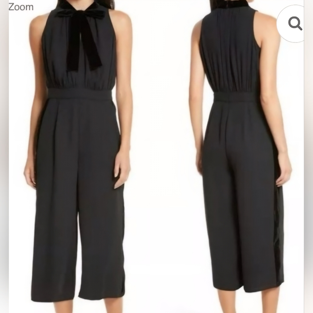 Kate Spade Elegant Chic Black Velour‎ Accents Bow Sleeveless Jumpsuit Sz 8